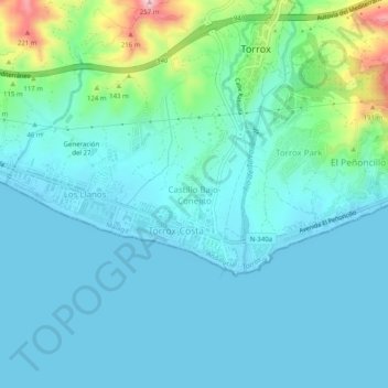 Carte topographique Castillo Bajo-Conejito, altitude, relief