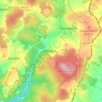 Carte topographique Rindlas, altitude, relief
