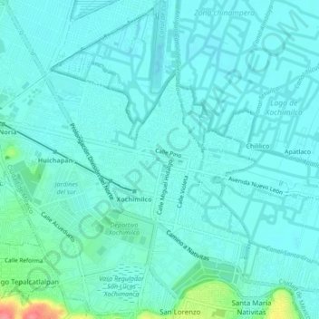 Carte topographique Xochimilco, altitude, relief