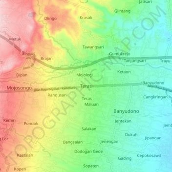 Carte topographique Teras, altitude, relief