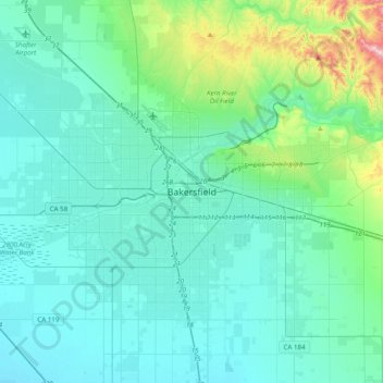 Carte topographique Bakersfield, altitude, relief