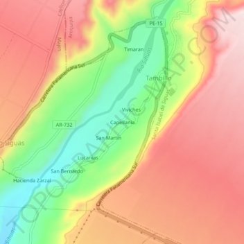 Carte topographique Capellania, altitude, relief