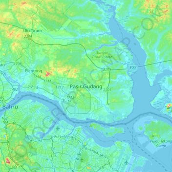 Carte topographique Pasir Gudang, altitude, relief