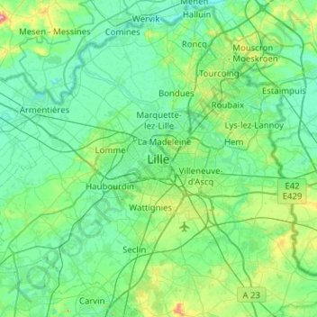 Carte topographique Lille, altitude, relief