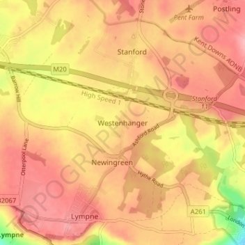Carte topographique Westenhanger, altitude, relief