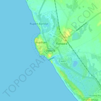 Carte topographique Dwarka, altitude, relief