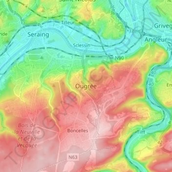 Carte topographique Ougrée, altitude, relief