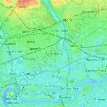 Carte topographique East Ham, altitude, relief
