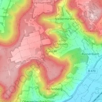 Carte topographique Poxstall, altitude, relief