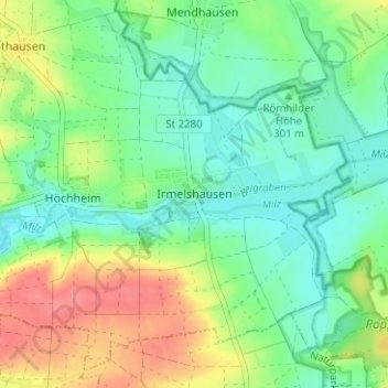 Carte topographique Irmelshausen, altitude, relief