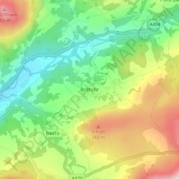 Carte topographique Brithdir, altitude, relief