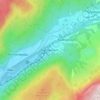 Carte topographique Cwmgwrach, altitude, relief