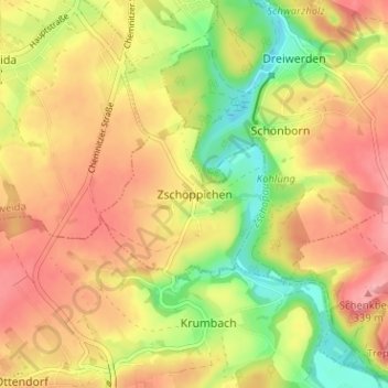 Carte topographique Zschöppichen, altitude, relief