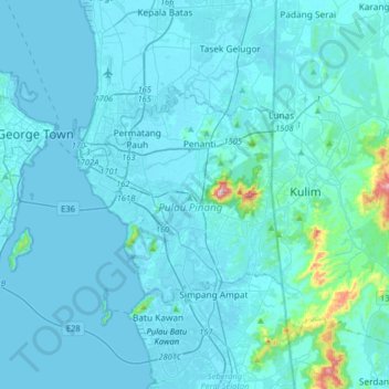 Carte topographique Bukit Mertajam, altitude, relief