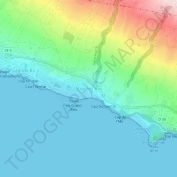 Carte topographique Anse les Bas, altitude, relief
