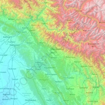 Carte topographique Kangra, altitude, relief