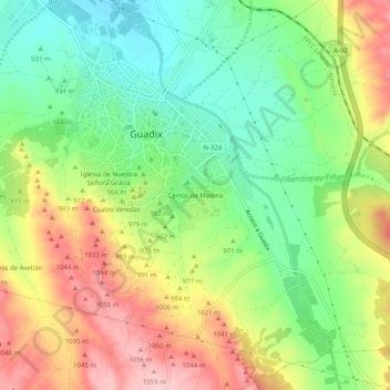 Carte topographique Cerros de Medina, altitude, relief