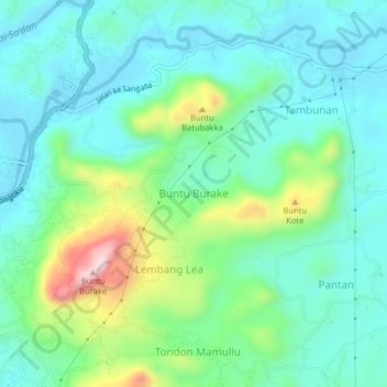 Carte topographique Buntu Burake, altitude, relief