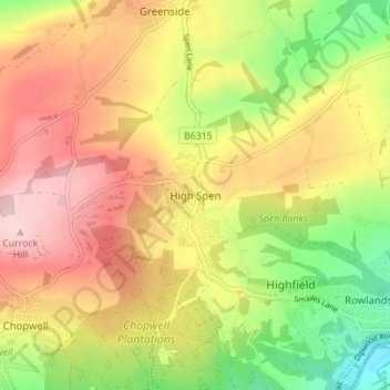 Carte topographique High Spen, altitude, relief