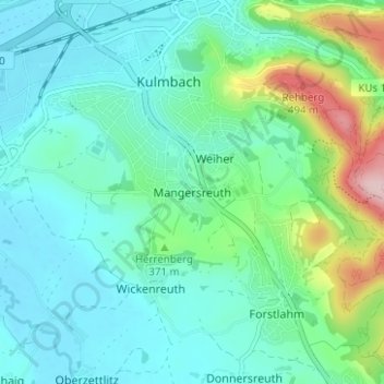 Carte topographique Mangersreuth, altitude, relief
