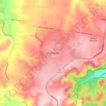 Carte topographique Highfields, altitude, relief