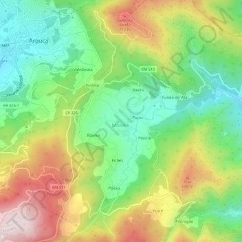 Carte topographique Outeiro Meão, altitude, relief