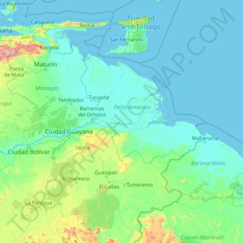 Carte topographique Delta Amacuro, altitude, relief