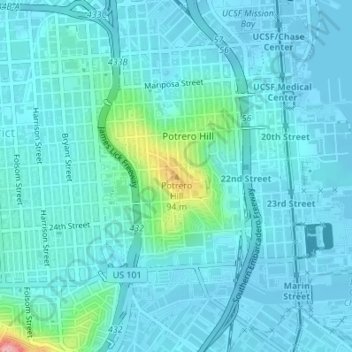Carte topographique Potrero Hill, altitude, relief