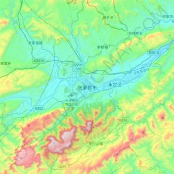 Carte topographique Zhangjiajie, altitude, relief