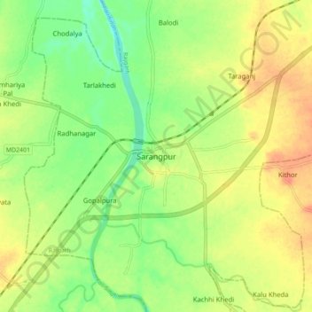Carte topographique Sarangpur, altitude, relief