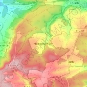 Carte topographique Kleingressingen, altitude, relief