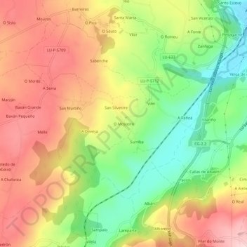 Carte topographique O Mosteiro, altitude, relief