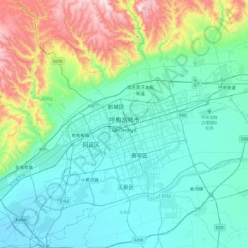 Carte topographique 呼和浩特市, altitude, relief