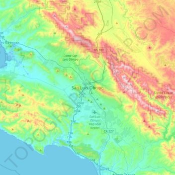 Carte topographique San Luis Obispo, altitude, relief
