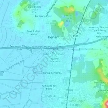 Carte topographique Kubang Semang, altitude, relief