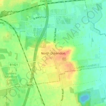 Carte topographique North Ockendon, altitude, relief