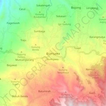 Carte topographique Bumijawa, altitude, relief