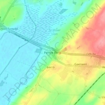 Carte topographique Pentre Berw, altitude, relief