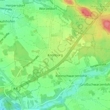 Carte topographique Kornburg, altitude, relief