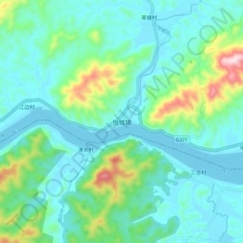Carte topographique 悦城镇, altitude, relief