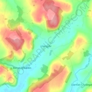 Carte topographique Llangybi, altitude, relief