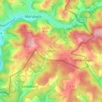 Carte topographique Alzen, altitude, relief