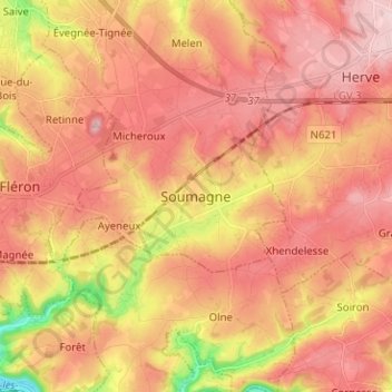 Carte topographique Soumagne, altitude, relief