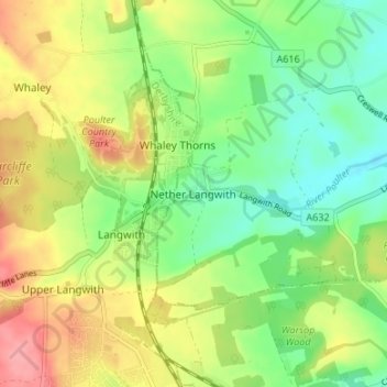 Carte topographique Nether Langwith, altitude, relief