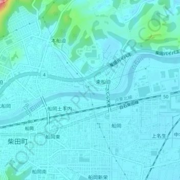 Carte topographique 白石川堤一目千本桜 桜のトンネル, altitude, relief