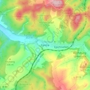 Carte topographique Förtha, altitude, relief