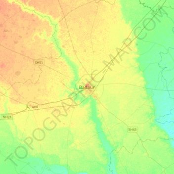 Carte topographique Badaun, altitude, relief