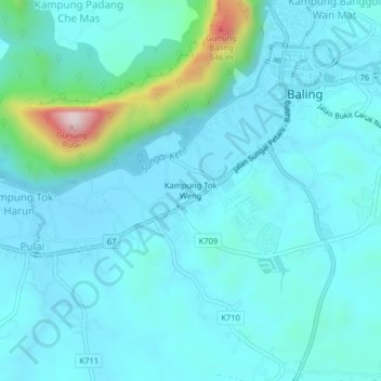 Carte topographique Kampung Tok Weng, altitude, relief
