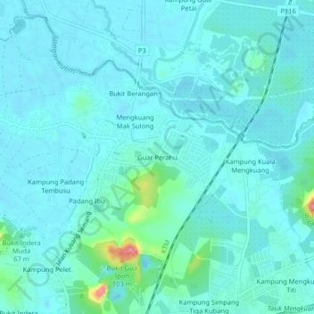 Carte topographique Guar Perahu, altitude, relief