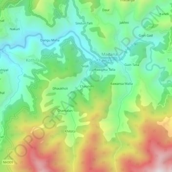 Carte topographique Chaundi, altitude, relief